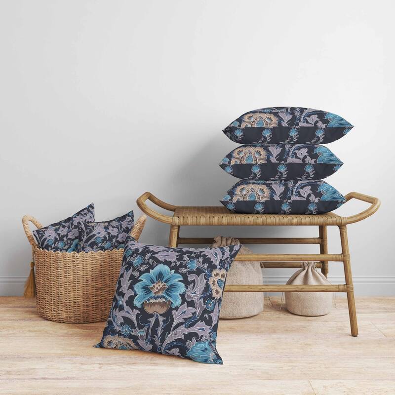 Mughal Era Garden Treasures Faux Suede Reversible Throw Pillow Blue and Lavender