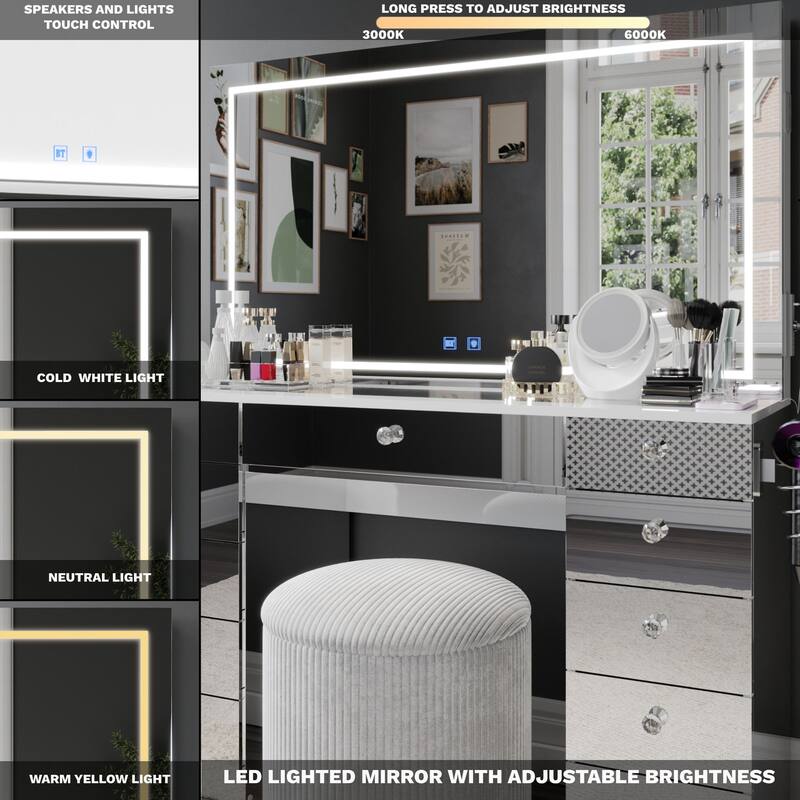 Boahaus Smart Vanity Desk with LED Mirror & Bluetooth Speakers