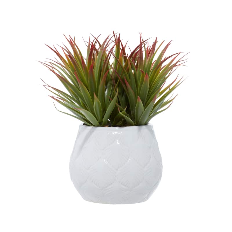 Green Faux Foliage Striped Stemmed Aloe Artificial Plant with White Ceramic Pot - 9 x 9 x 9
