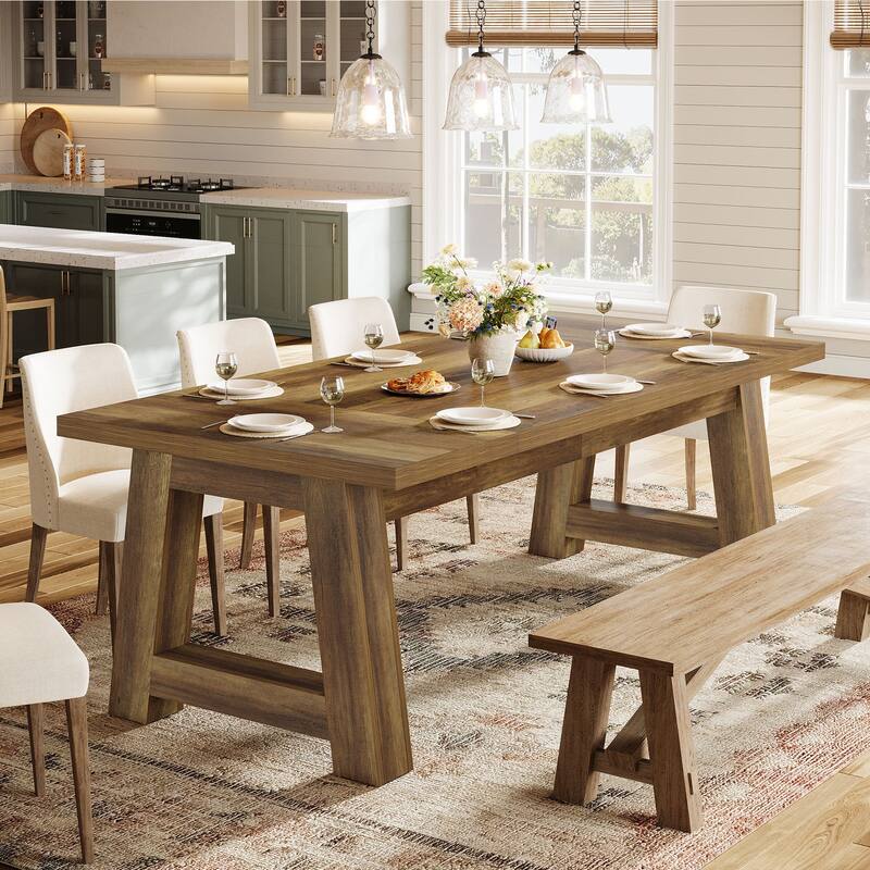 Long Dining Table Wooden Kitchen Table with Sturdy Legs for 6-8