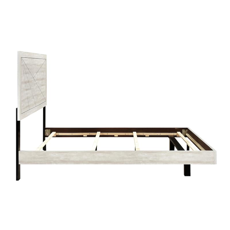 Full Size Oak Wooden Panel Bed with Line Pattern Headboard
