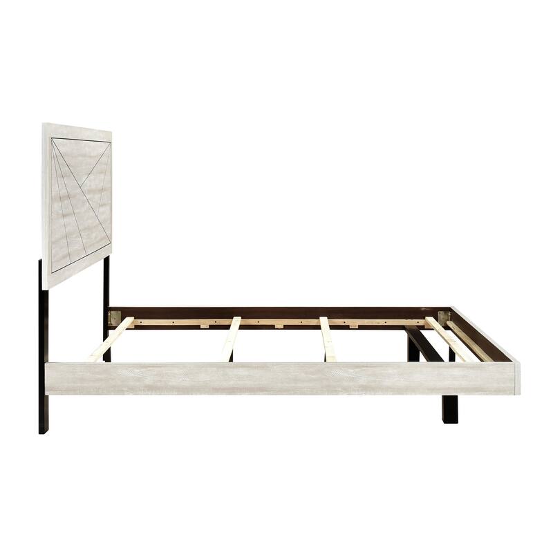 Queen Size Oak Wood Contemporary Panel Bed with Line Pattern Headboard