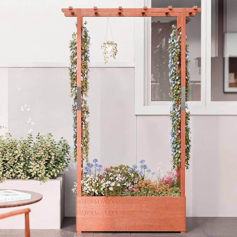 Freestanding Garden Bed Raised Wooden Planter Box with Trellis - Brown