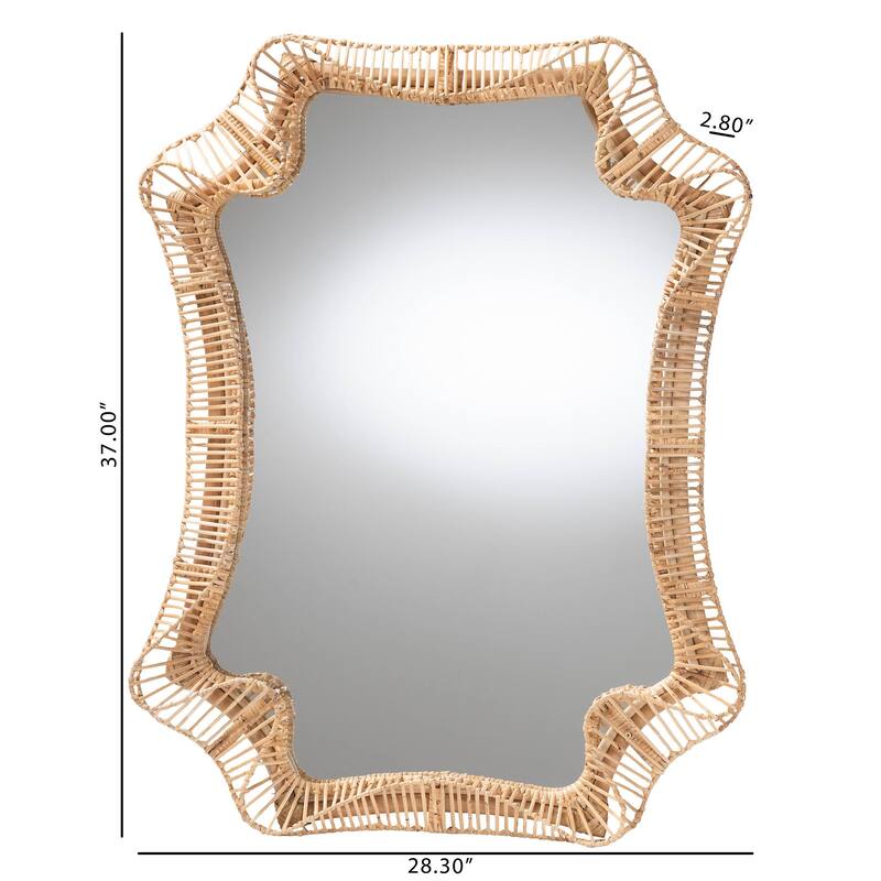 Yusra Natural Rattan Wall Mirror - Handwoven Wicker Frame with Freeform Silhouette, Coastal Boho Wall Décor - Natural Brown