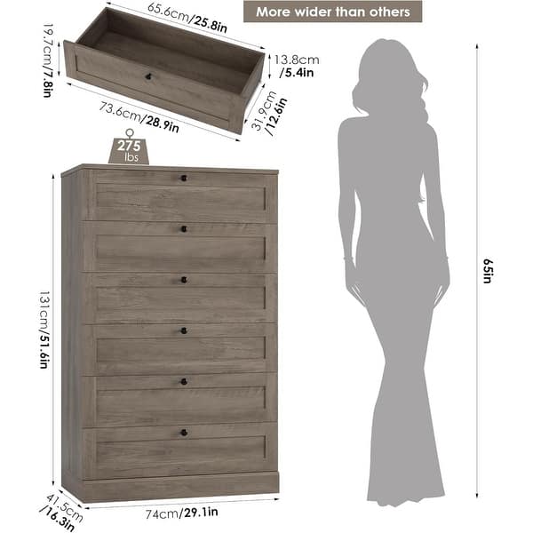 6 Drawer Dresser, 52 inch Tall Wood Chest, Modern Vertical Storage ...