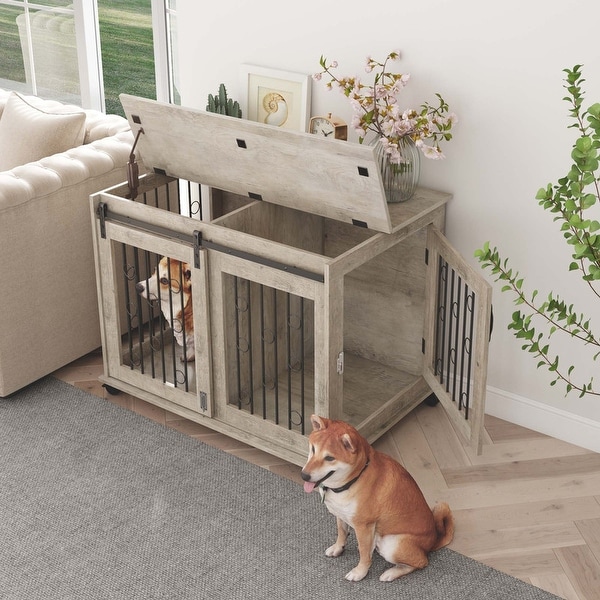 Sliding Barn Door Dog Crate Furniture with Flip top Plate Bed Bath Beyond 37527349