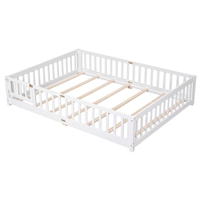 Twin/Full/Queen size Floor Platform Bed with Fence and Door for Kids, Toddlers