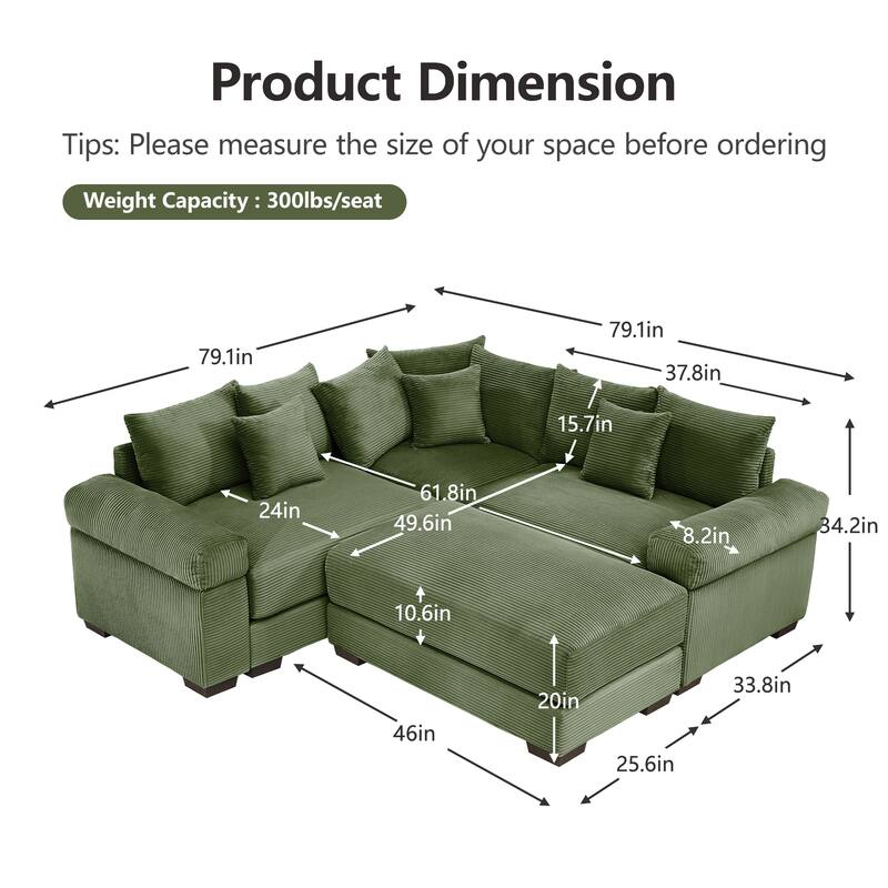 GDFStudio - Corduroy 3-Seater 79.1" Cloud Modular Sectional Couch with Ottoman