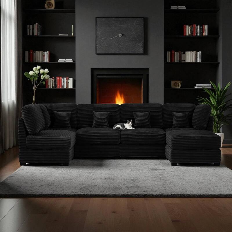 123" Modular U-Shaped Sectional Sofa Couch, 6-Seater Deep Seat Plush Corduroy Sofa Bed Chaise for Living Room