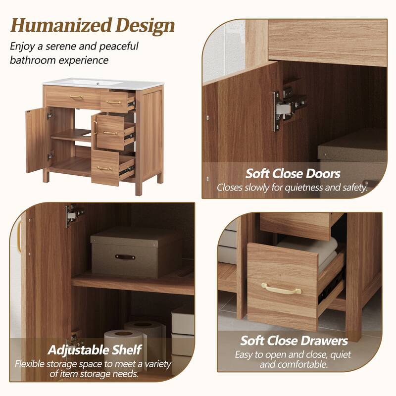 Wood Bathroom Vanity with Ceramic Sink and Top, Storage Cabinet with Drawers, Adjustable Shelf and Soft Close Mechanisms