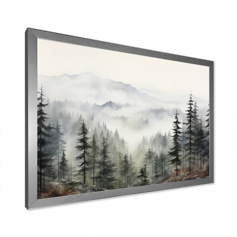 Designart "Pine Tree Misty Mountain II" Floral Framed Wall Art Living Room