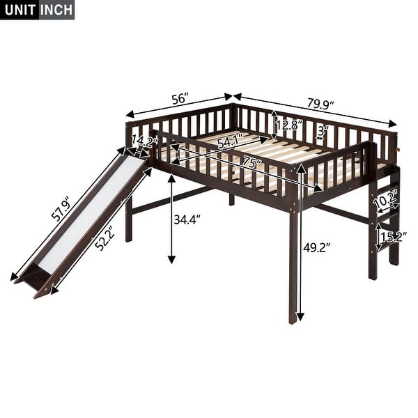 Espresso Full Size Pine Wood Low Loft Bed with Vertical Ladder and Removable Slide