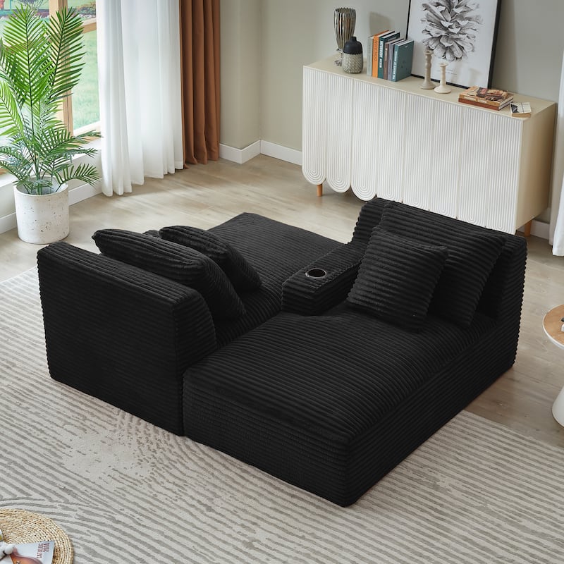 Compressible Double Chaise Lounge With Cupholders - No Assembly Required, Fluffy Modern Sleeper Loveseat