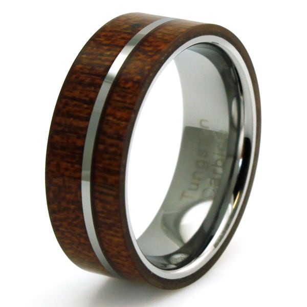 Titanium Mahogany Wood and Off-center Silver Colored Band Ring