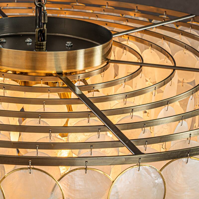 CraftHome Modern Coastal Aged Bronze Natural Capiz Shell Tiered Vintage Glam Chandelier For Dining Room