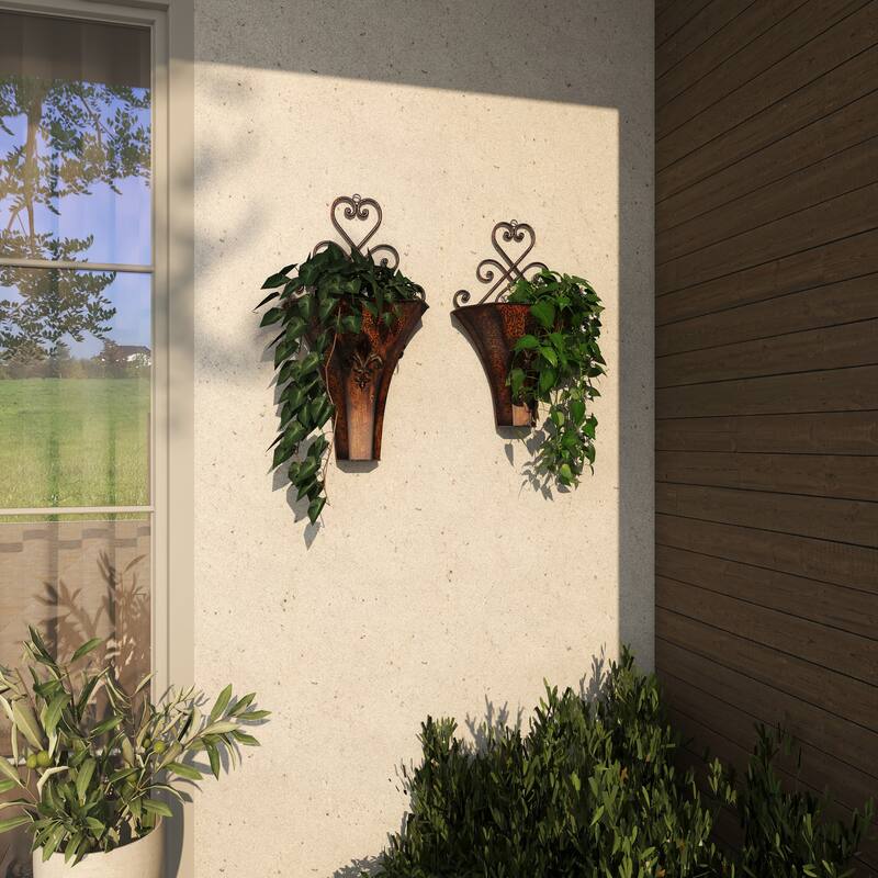 Brown Metal Indoor Outdoor Weathered Hanging Scroll Indoor Outdoor Wall Planter with Fleur-De-Lis Accent (Set of 2)