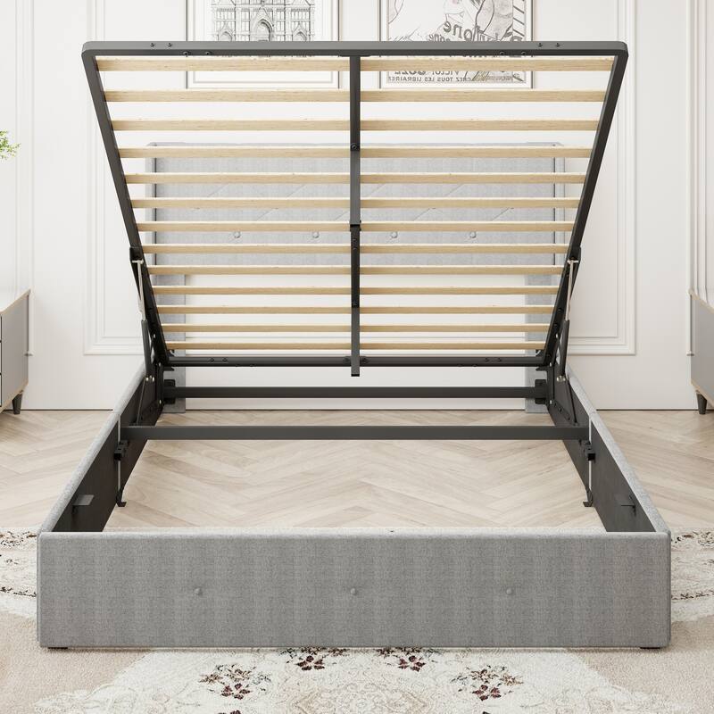 Full Size Lift-Up Storage Bed Frame with USB Ports & Modern Wingback Headboard, No Box Spring Needed