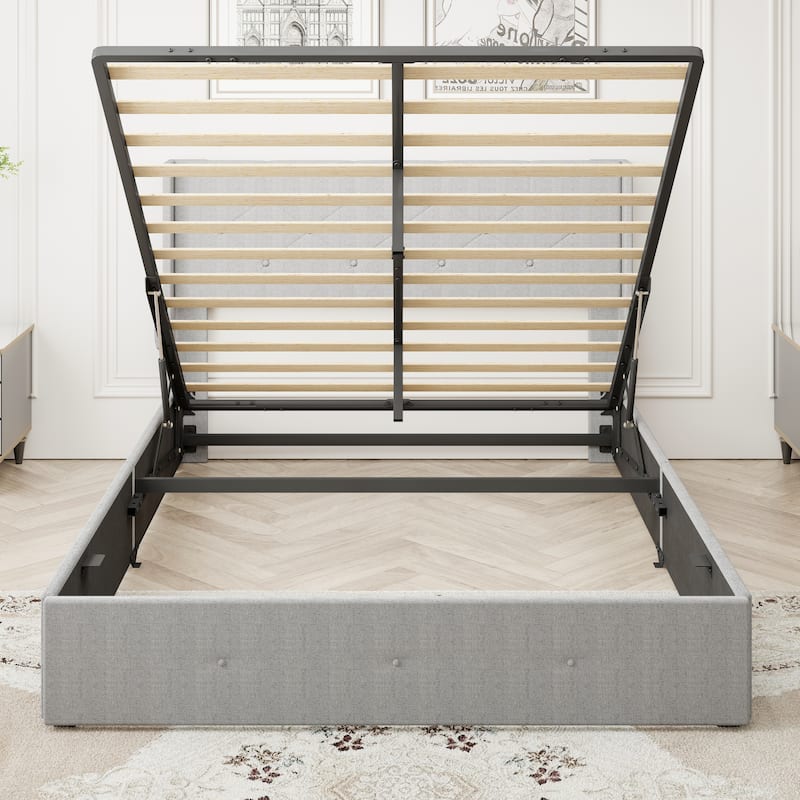 Wingback Upholstered Bed Low Profile Platform Bed Frame with USB Ports, Side Pockets and Hydraulic Lifting Storage