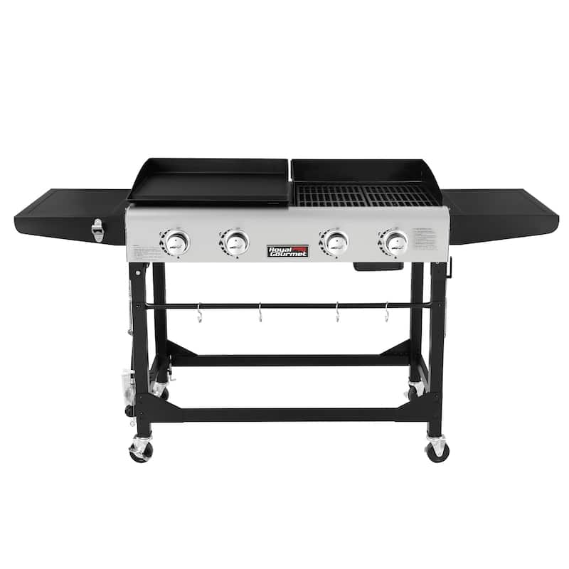 Royal Gourmet 4-Burner Portable Flat Top Gas Grill and Griddle Combo with Folding Legs, Black & Silver