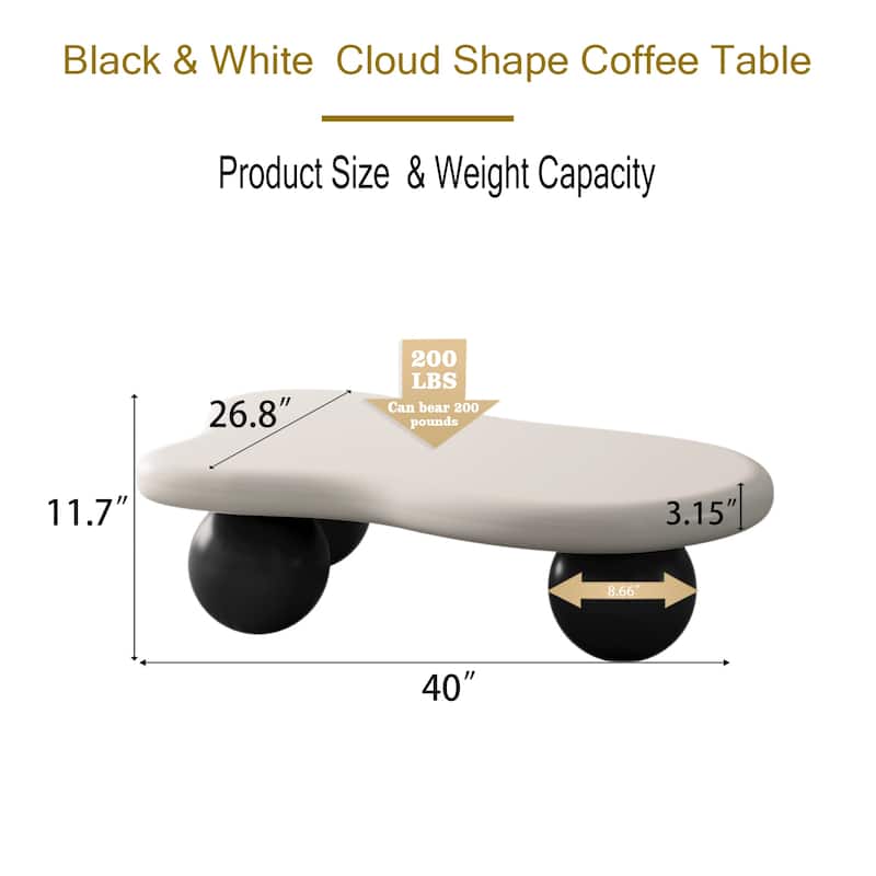 40 Inch Cloud Shaped Coffee Table with 3 Ball Legs for Living Room