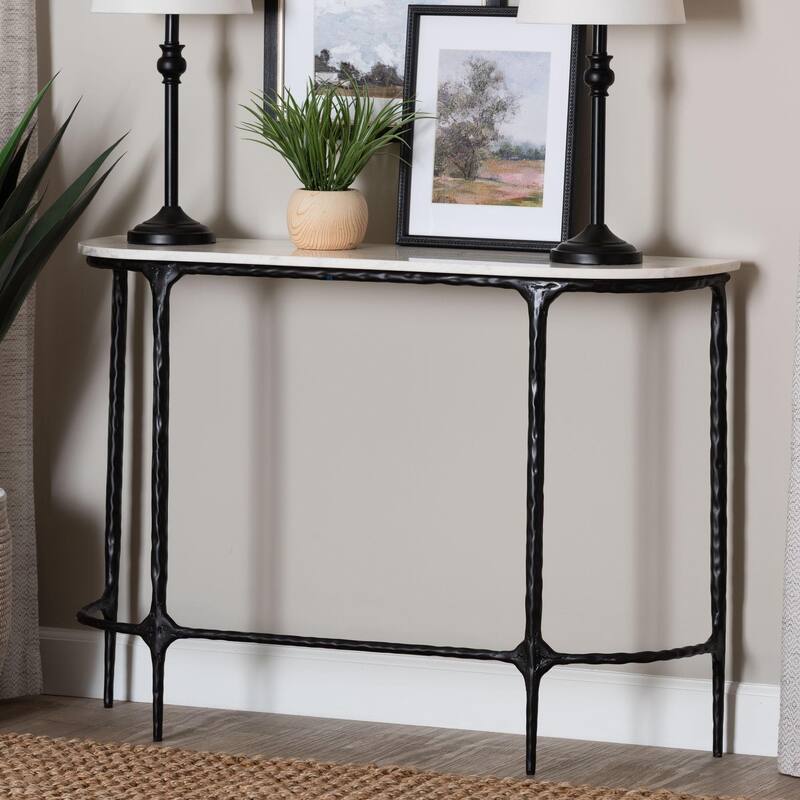Edsel Marble Console Table - Modern Rustic Accent Table with Hand-Forged Metal Frame for Living Room or Entryway