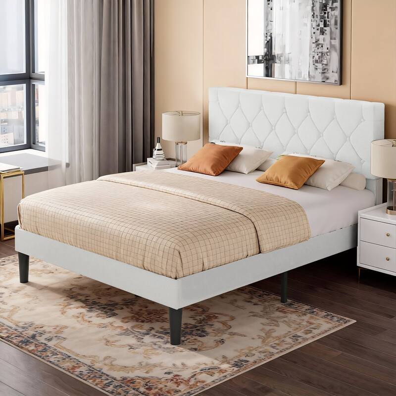 Beige Diamond Button Tufted Upholstered Bed with Linen Headboard No Box Spring Needed 7.87" Underbed Storage Center Support Leg