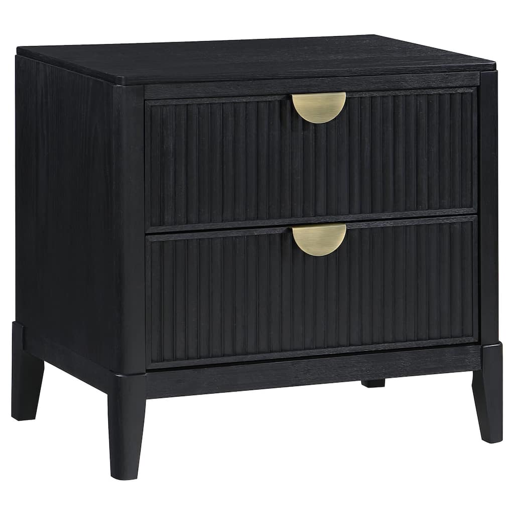 Black 2-Drawer Nightstand with Fluted Drawer Fronts, Half-Moon Pulls, Felt Lining and Wire Brushed Finish