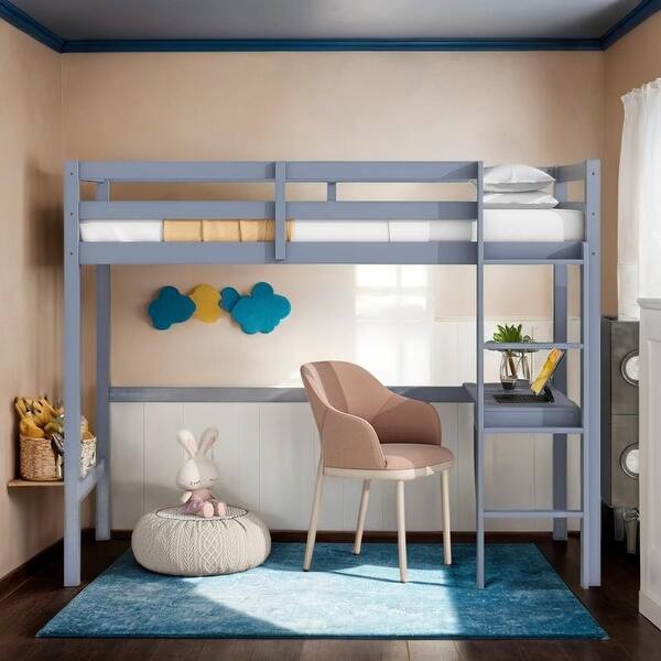 slide 2 of 35, Wood Loft Bed with Safety Guardrail, Built-in Desk, Ladder Grey