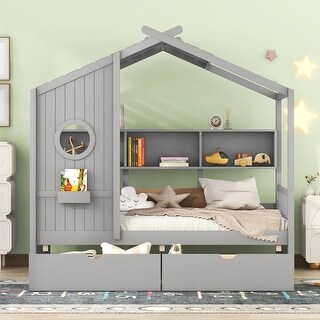 Wooden Twin House Bed with 2 Drawers, Kids Bed with Storage Shelf,Gray