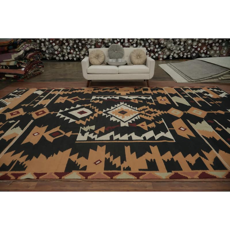 Hand Woven Oriental 100% Wool Carpet Southwestern Tribal Black Kilim Area Rug - 15' 3'' X 10' 0''