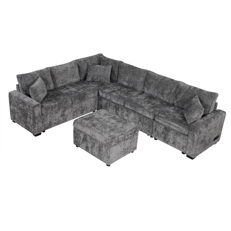 112.2" Sectional Sofa Bed with Storage Ottoman, Pillows & Charging, Grey Chenille