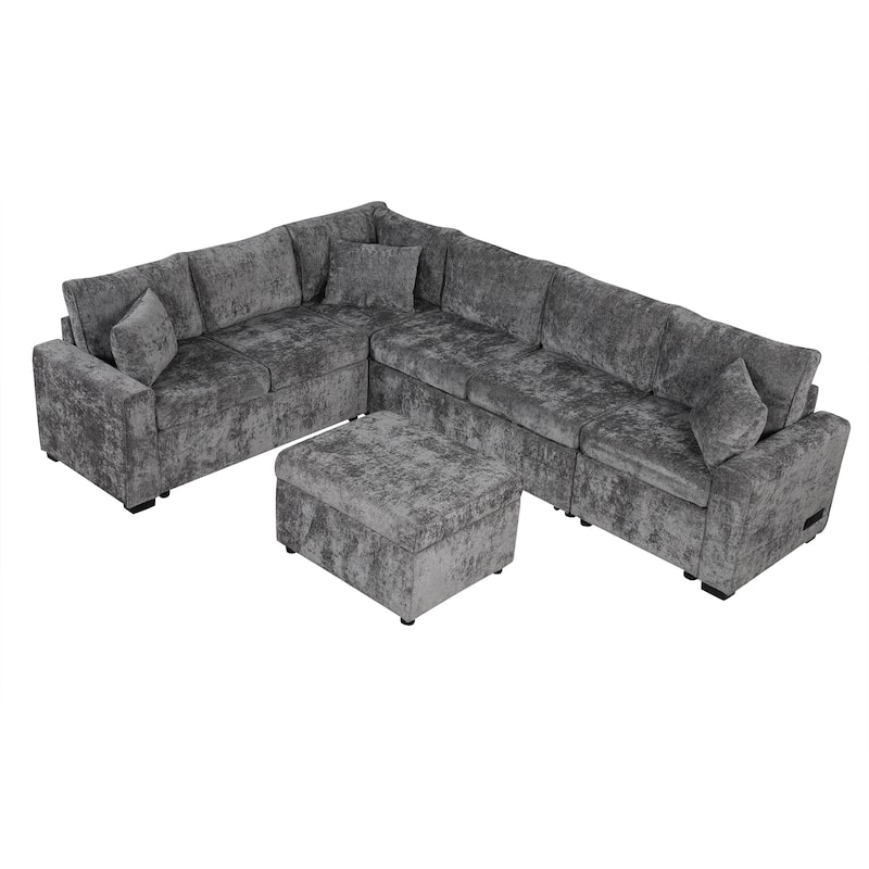 Grey 112.2" L-Shaped 6 Seater Sectional Sofa with Pull-Out Bed, Storage Ottoman, 3 Back Pillows, and USB Charging Ports