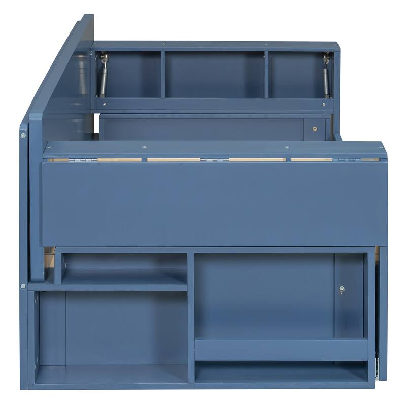 4-in-1 Multifunctional Daybed Storage Bed Frame with Removable Desk, Drawers, Bookcase Shelves and Hydraulic Side Tables