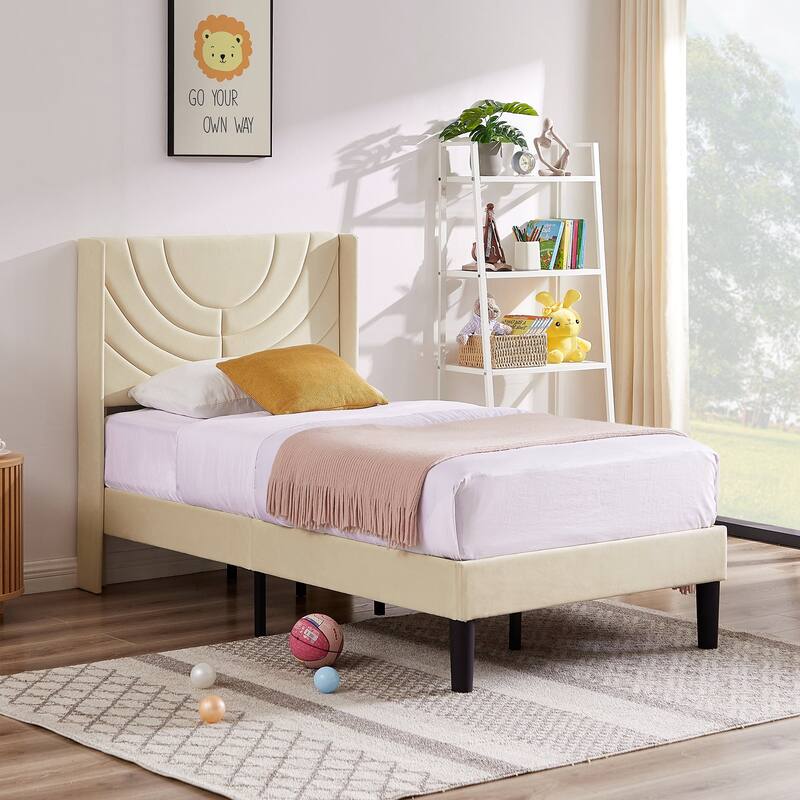 Kids Bed Frame, Height Adjustable Upholstered Bed, Twin Size Bed Set of 2