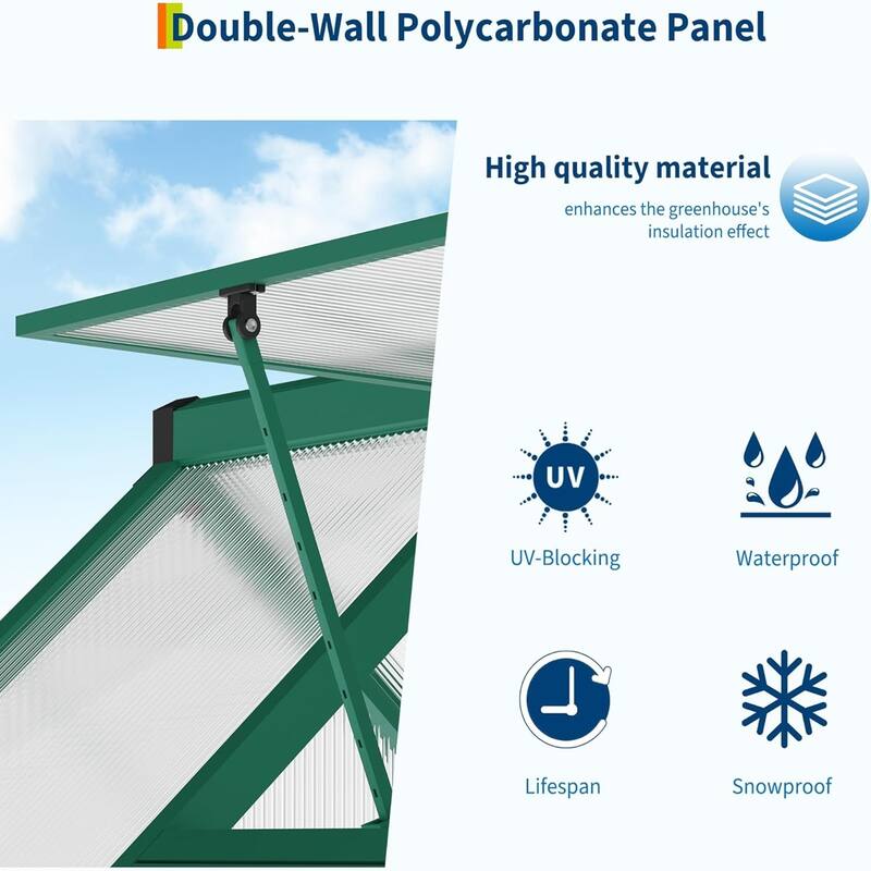 6 x 7 ft Greenhouse, Polycarbonate Walk-in Greenhouse with Aluminum Frame Green - 6*7FT