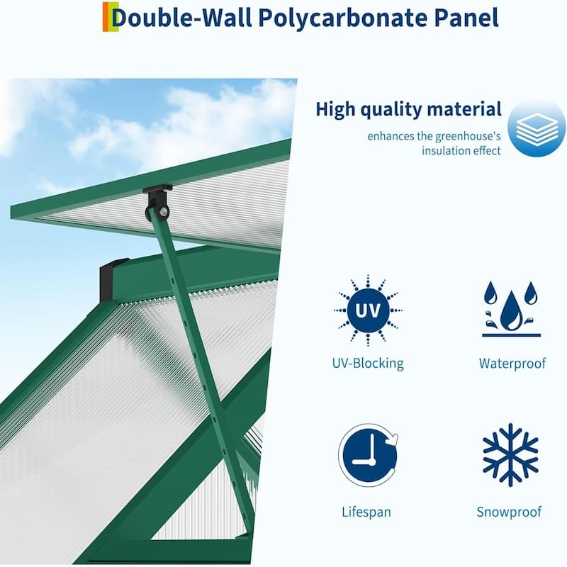 8 x 10 ft Greenhouse, Polycarbonate Walk-in Greenhouse with Aluminum Frame, Adjustable Roof Vent and Lockable Door, Green