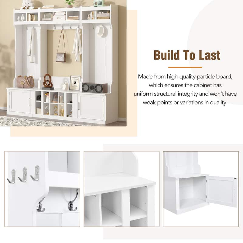 Wide Design Hall Tree with Storage and Bench, 4-IN-1 Multi-functional Entryway Bench with Coat Rack and Shoe Cubbies