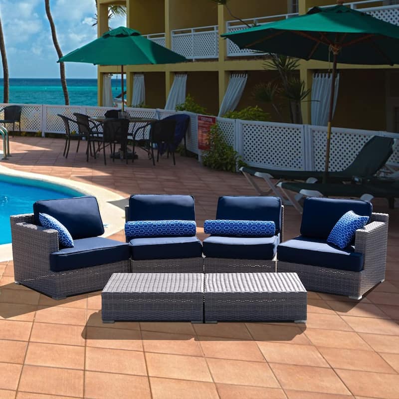 High-Density Polyethylene (HDPE) Wicker 6-Piece Fully Assembled Patio Couch Outdoor Sectional Sofa Set with Navy Blue Cushions