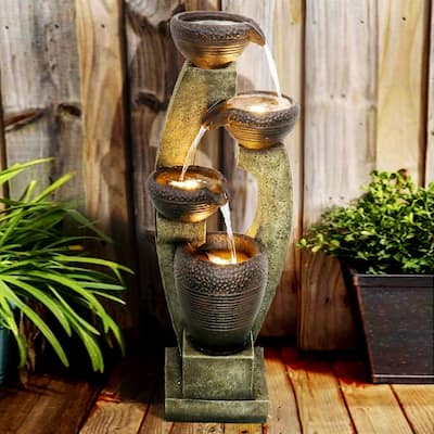 4-crock Resin Outdoor Garden Fountain with LEDs