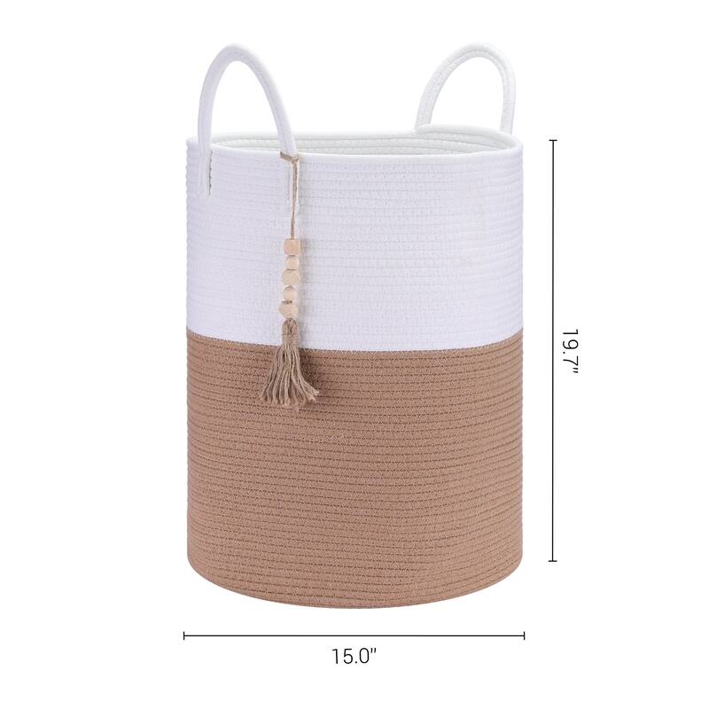 Woven Storage Bin with Handle and Tassel Beads, Storage Basket Organizer Bin for Blankets, Clothes, Shoes - 19*15in - White/Coffee