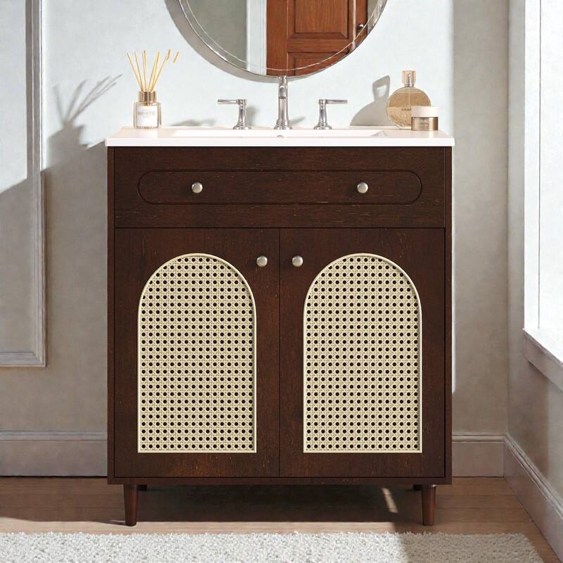 30" Bathroom Vanity with Ceramic Sink, Solid Wood Cabinet, Adjustable Shelf, Tip-Drawer & Rattan Panels - Walnut