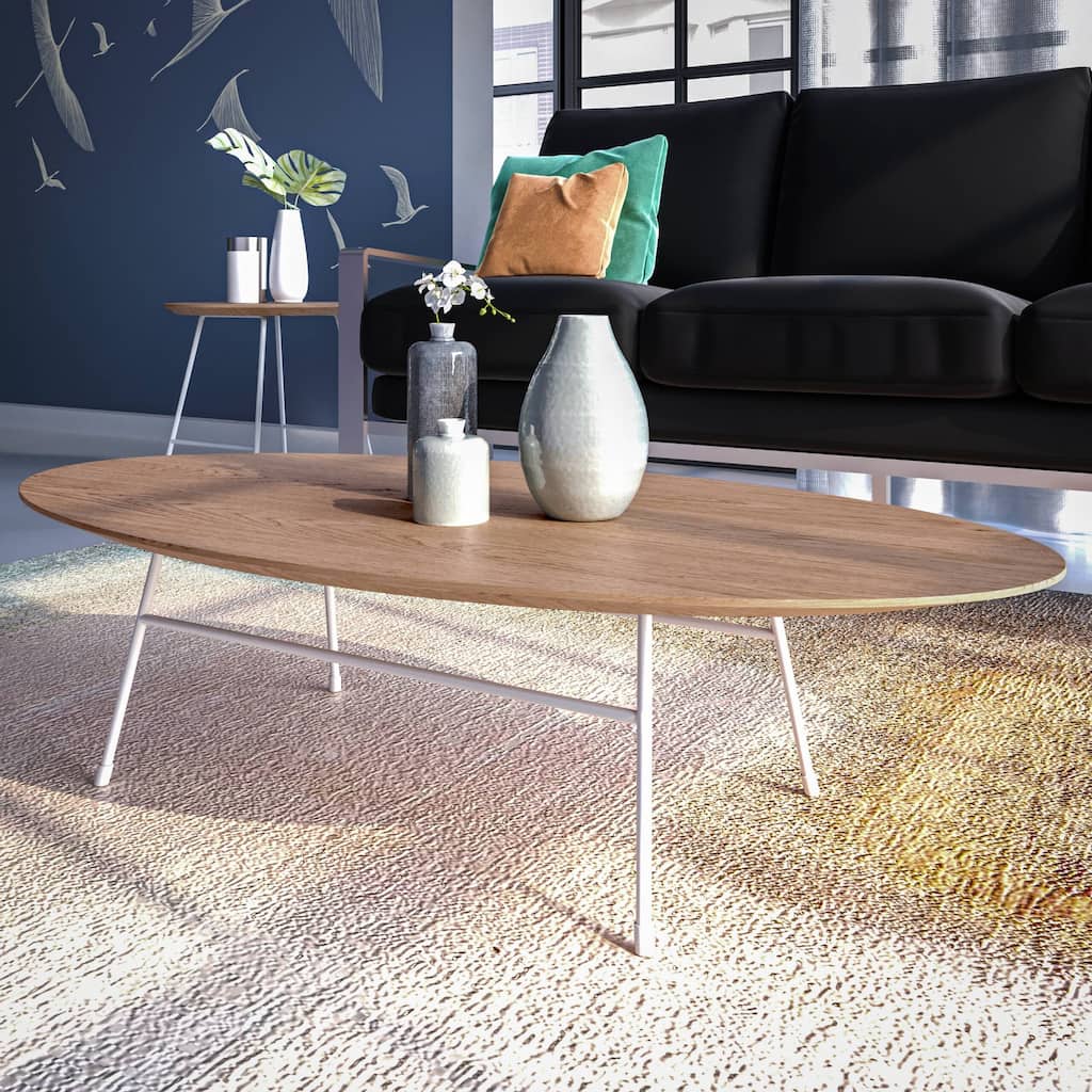 Rossmore Modern Oval Accent Coffee Table with White Powder Coated Steel Frame for Home Office Living Room Bedroom