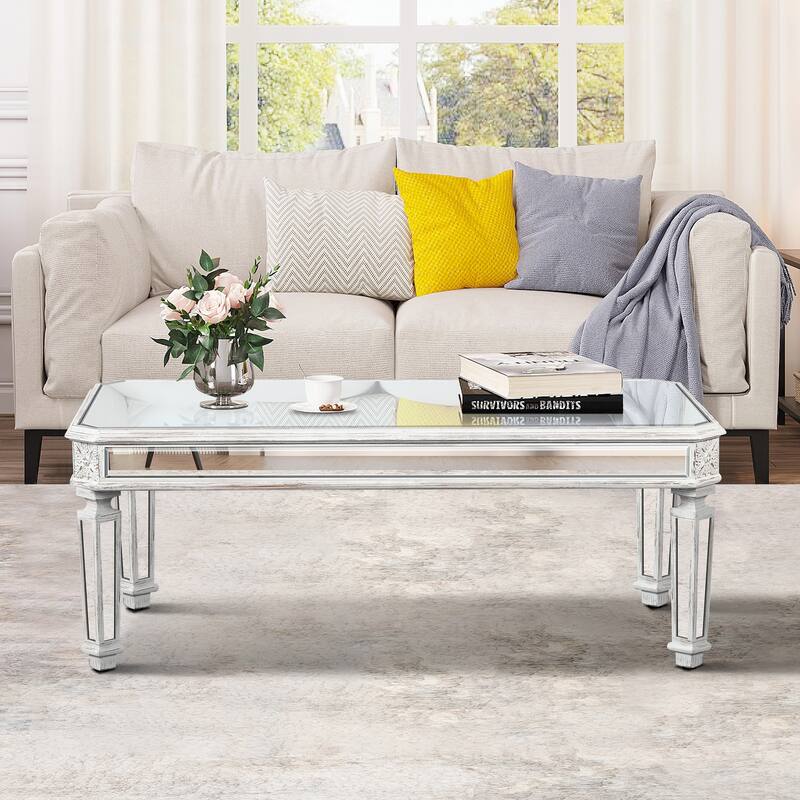 GDF Studio - Lorent Modern Mirrored Coffee Table with Carved Wood Accents