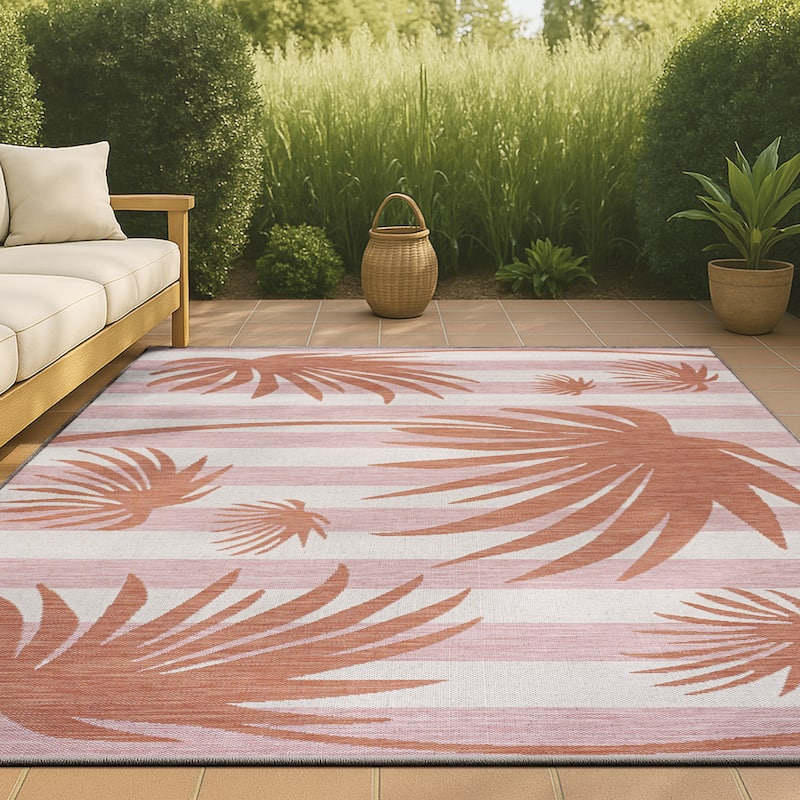 JONATHAN Y Veronica Classic Beach Stripe and Palm Leaf Indoor/Outdoor Area Rug