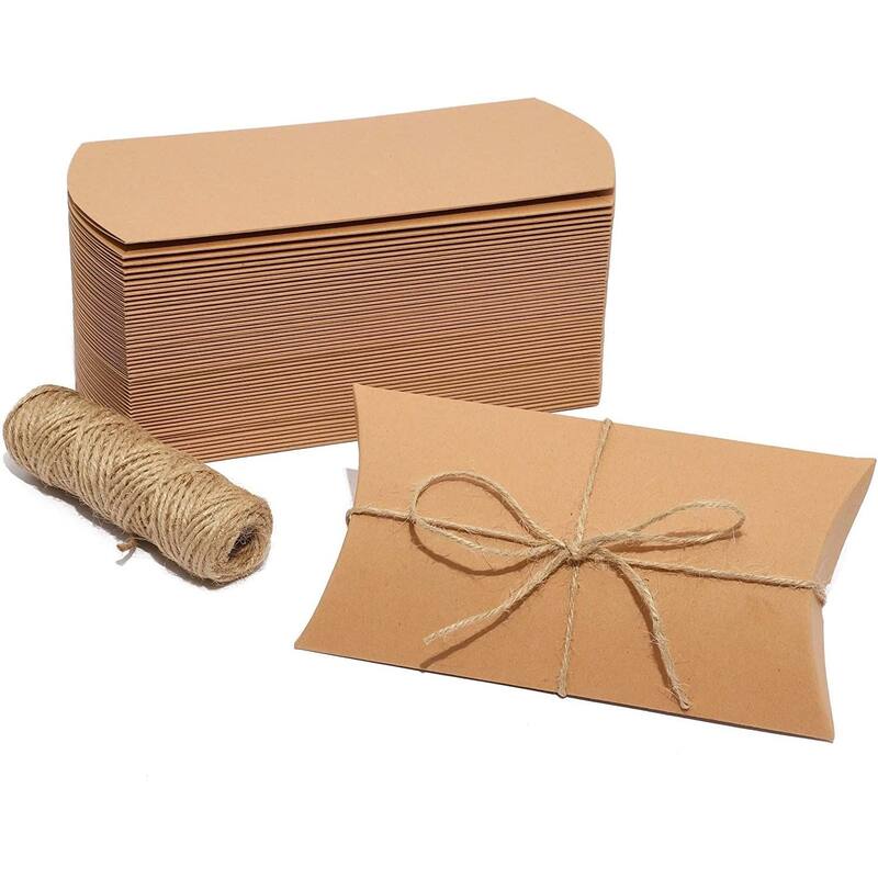 Bright Creations 50 Pack Kraft Pillow Boxes Set with 100ft Jute Twins for Wedding Party Favor