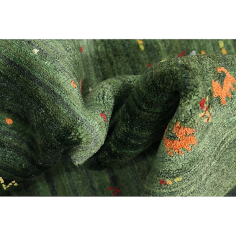 Hand Knotted Oriental Viscose Silk Carpet Tribal Animal Pictorial Green Gabbeh Runner Rug - 7' 6'' X 2' 8''