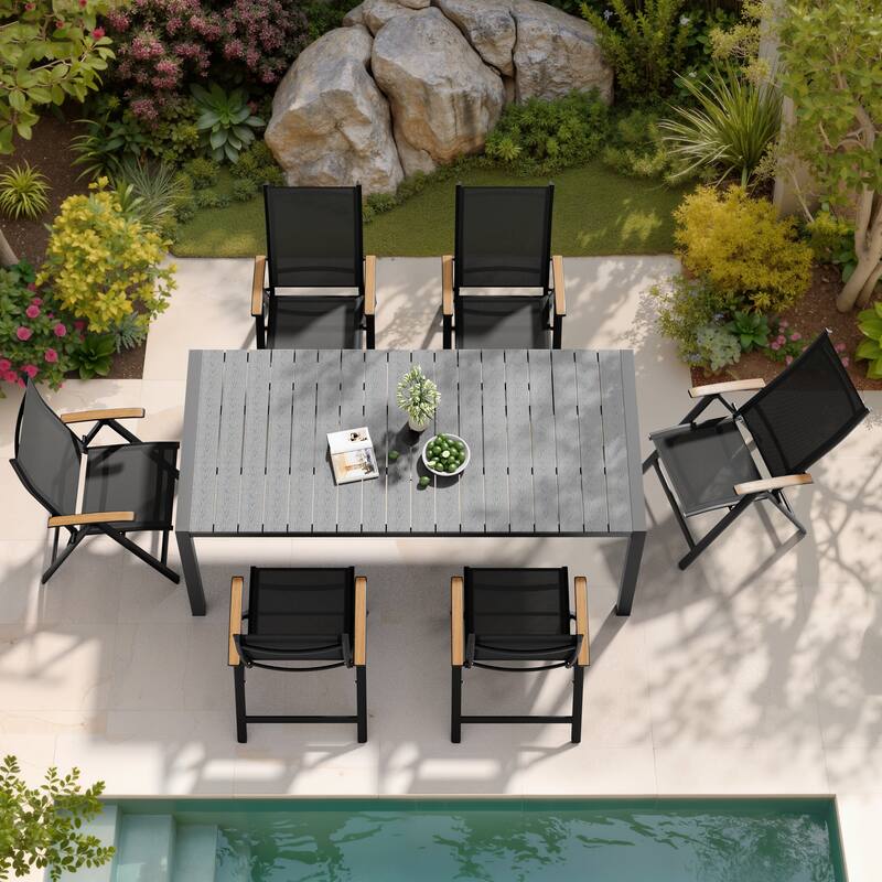 Set of 7 Outdoor Patio Dining Set WoodLike Table Top Aluminum Umbrella Hole Table with Folding Chairs - Grey