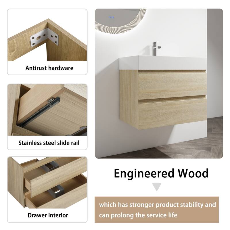 24/30/36 Single Sink Wall-Mounted Bathroom Vanity with Integrated Thick Edge Resin Sink