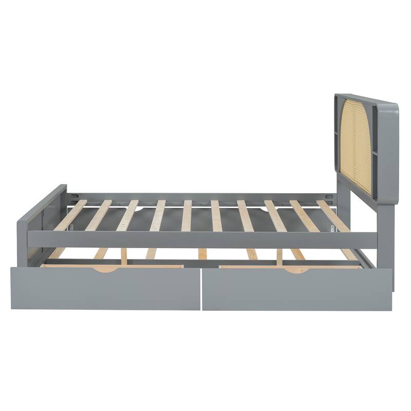 Queen Platform Bed with Rattan Headboard, 2 Storage Drawers and Pull-Out Trundle, with Built-In Compartments