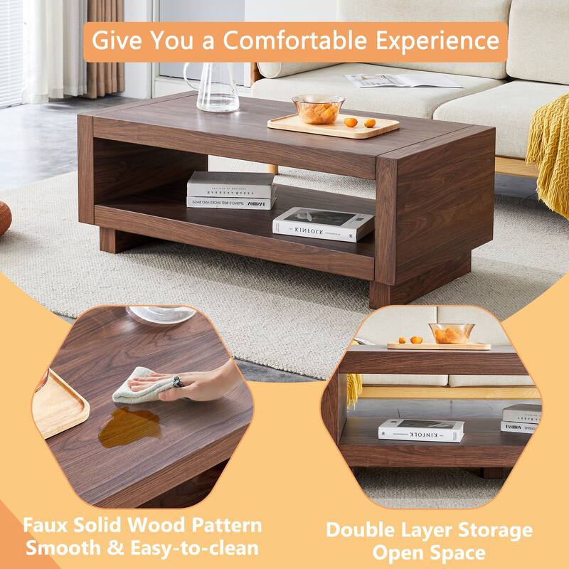A modern minimalist wood-colored rectangular coffee table embodies the simple charm of mid-century aesthetics